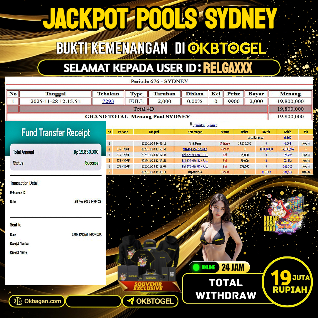     OKBTOGEL JACKPOT TOGEL SYDNEY Rp. 19.000.000,- LUNAS USER ID RELGA***