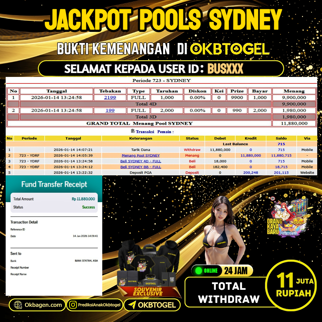   OKBTOGEL  JACKPOT TOGEL SYDNEY Rp.11.000.000,- LUNAS USER ID BUS***
