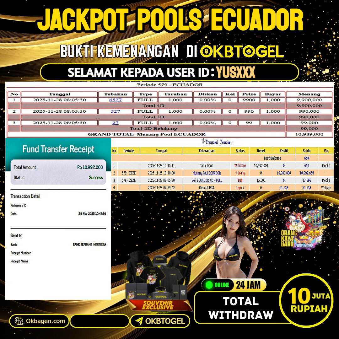     OKBTOGEL JACKPOT TOGEL ECUADOR Rp. 10.000.000,- LUNAS USER ID YUS***