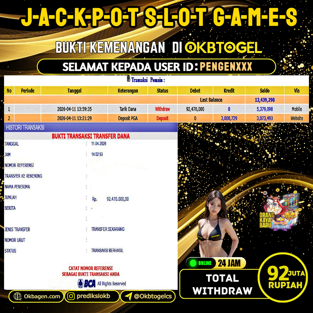   OKBTOGEL  JACKPOT SLOT GAMES Rp.92.000.000,- LUNAS USER ID PENGEN***