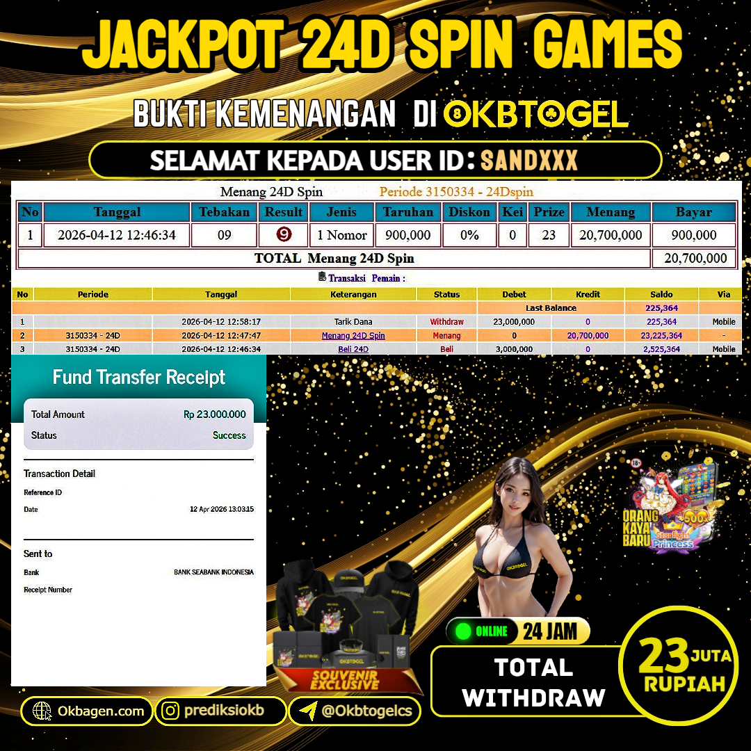   OKBTOGEL  JACKPOT 24D SPIN GAMES Rp.23.000.000,- LUNAS USER ID SAND***