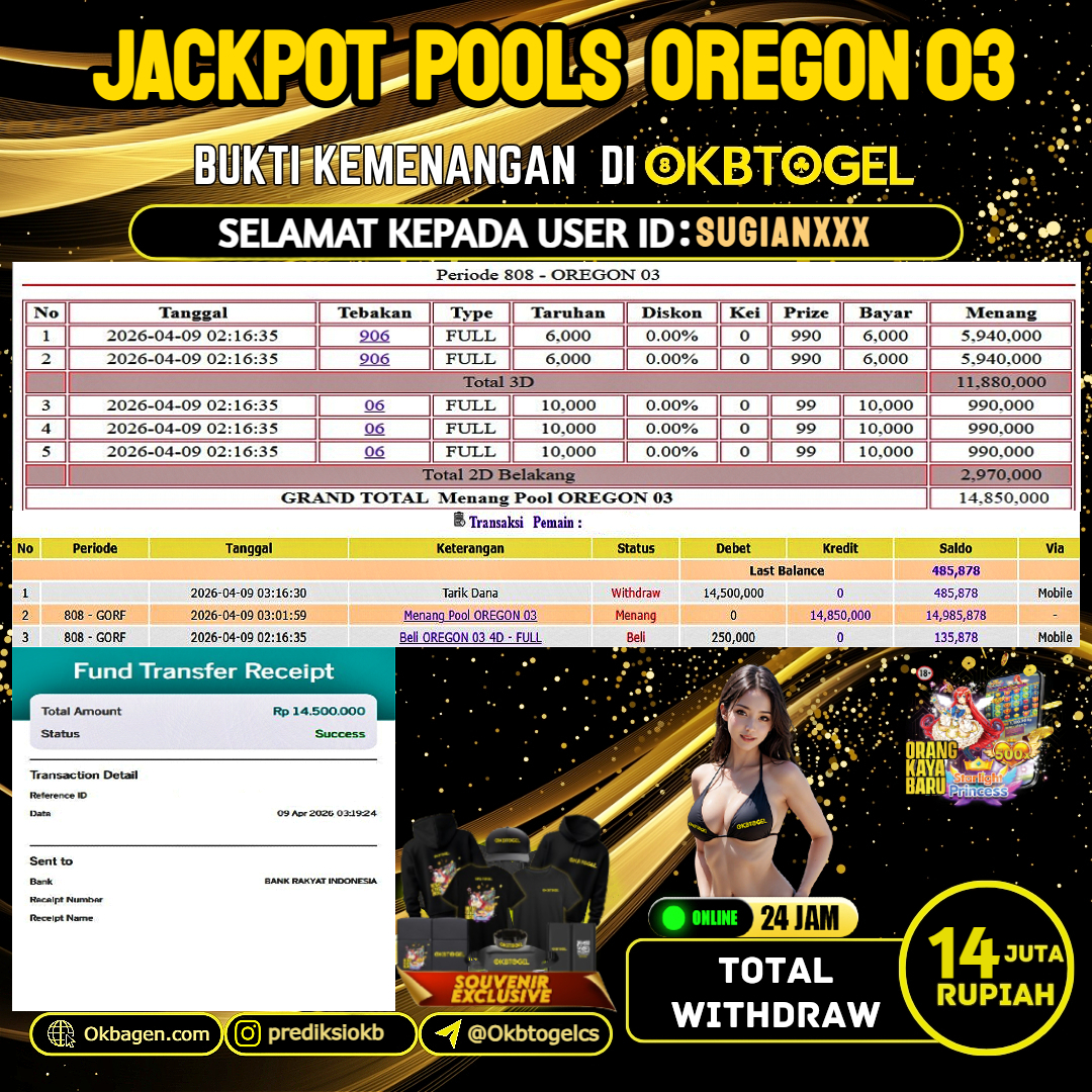    OKBTOGEL  JACKPOT TOGEL OREGON 03 Rp.14.000.000,- LUNAS USER ID SUGIAN***
