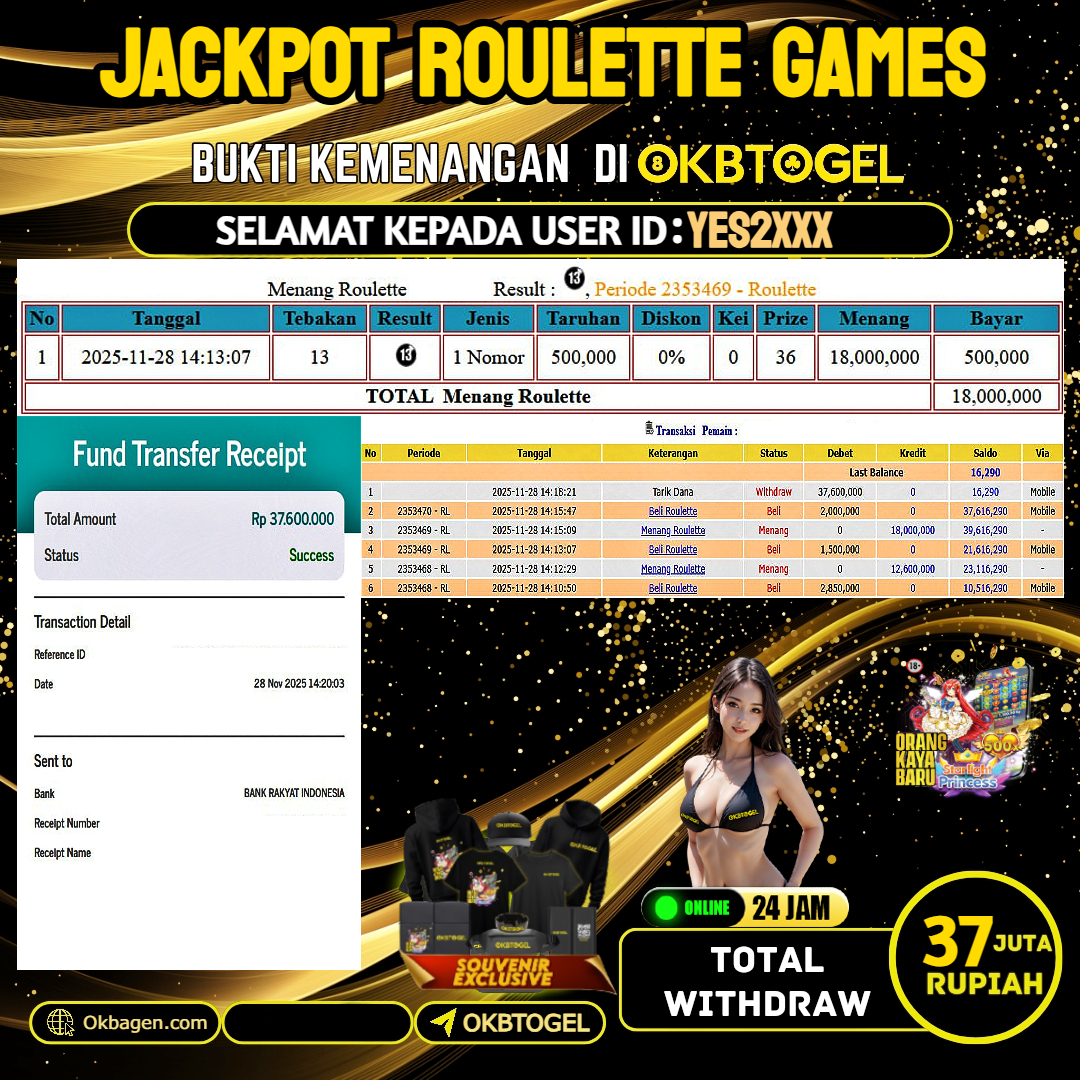      OKBTOGEL JACKPOT ROULETTE GAMES Rp. 37.000.000,- LUNAS USER ID YES2***