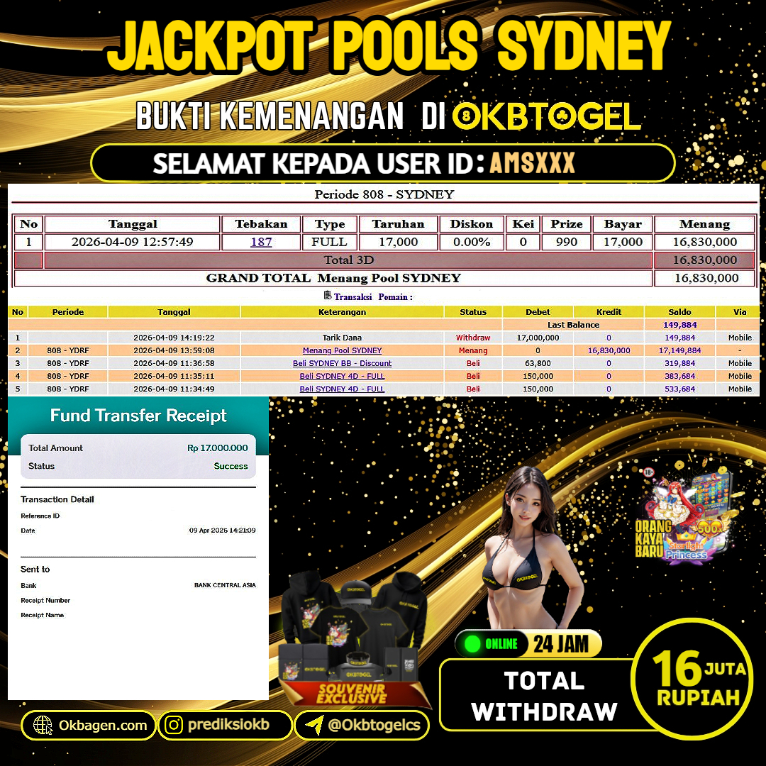    OKBTOGEL  JACKPOT TOGEL SYDNEY Rp.16.000.000,- LUNAS USER ID AMS***