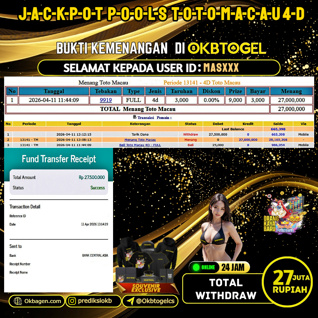   OKBTOGEL  JACKPOT TOGEL TOTOMACAU 4D Rp.27.000.000,- LUNAS USER ID MAS***