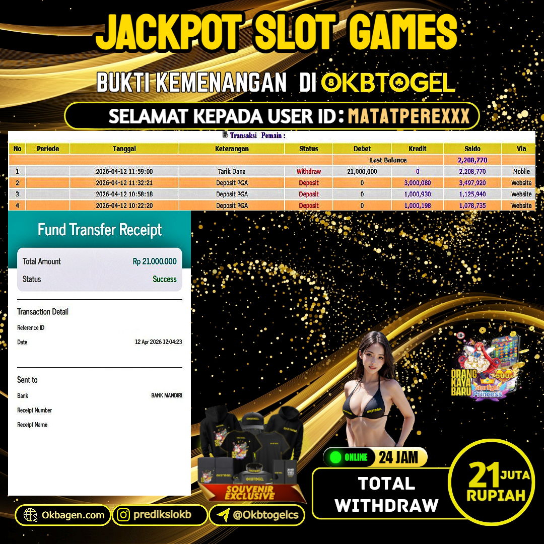  OKBTOGEL  JACKPOT SLOT GAMES Rp.21.000.000,- LUNAS USER ID MATATPERE***